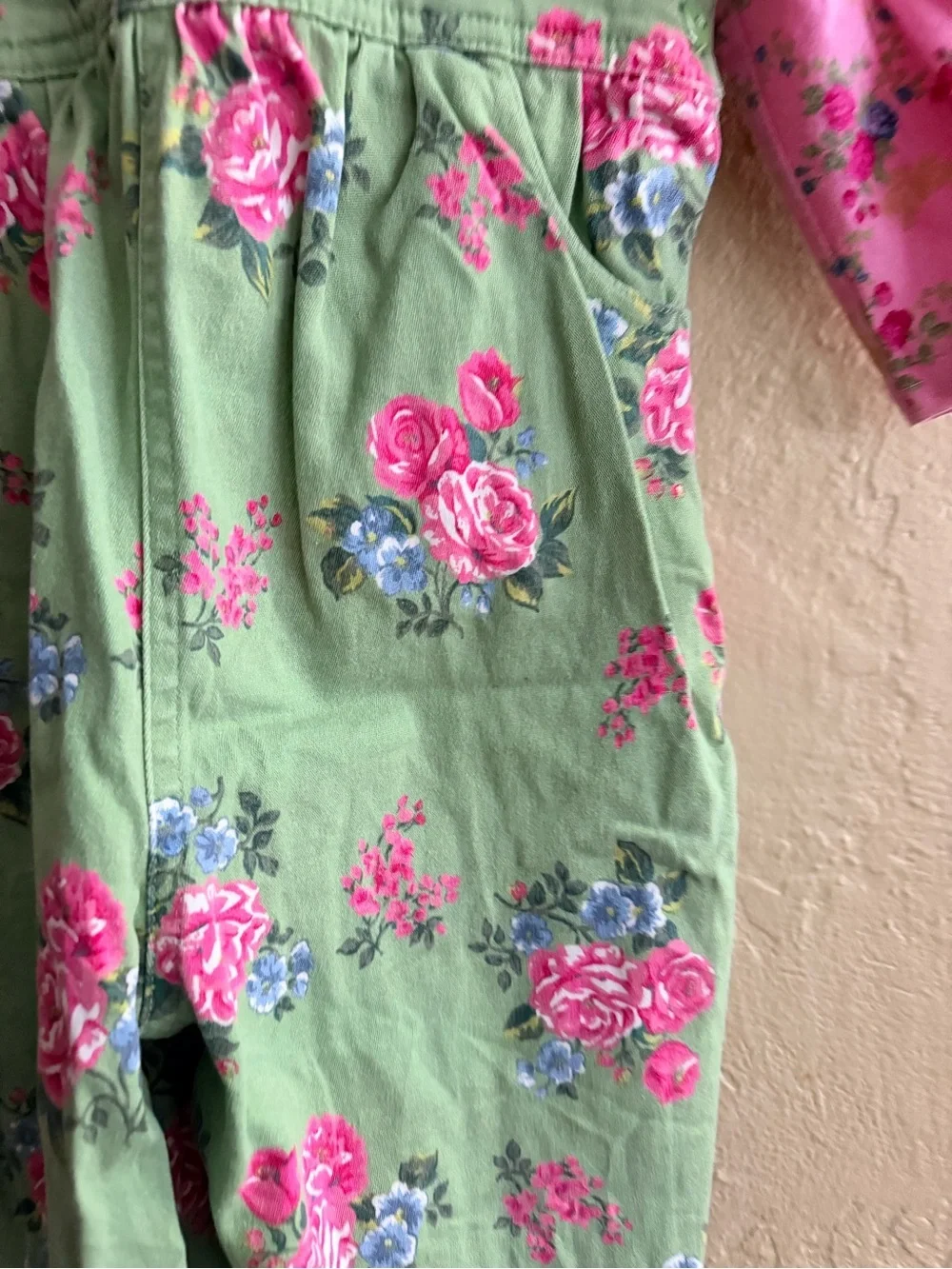 Hartstrings Pink Floral Tee with Green Rose-Print Overalls